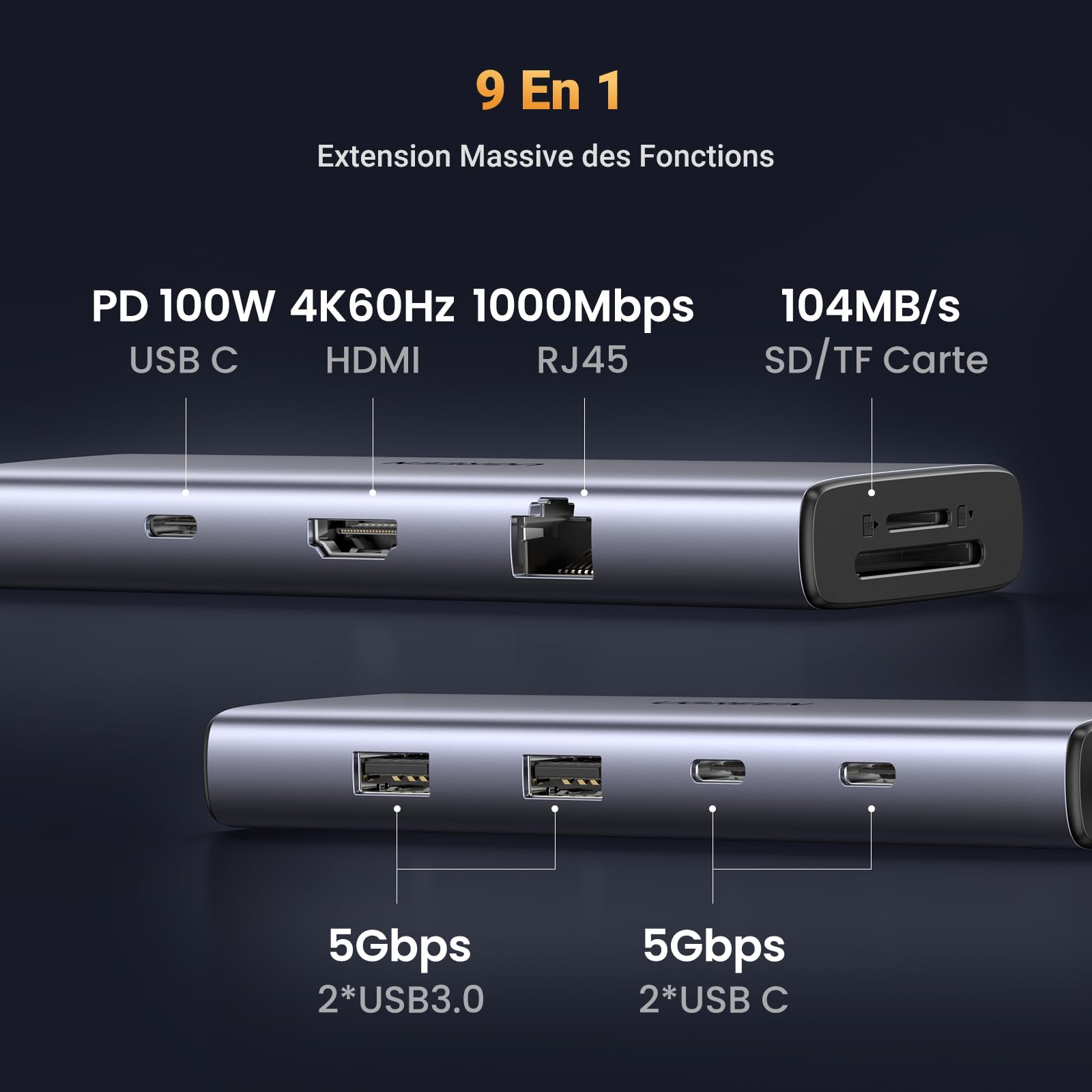 UGREEN Revodok Station d'accueil USB-C 9 en 1 : HDMI 4K, 100 W PD, Ethernet, SD/TF, Ports USB-C/A pour MacBook, iPhone, iPad, XPS, Steam Deck