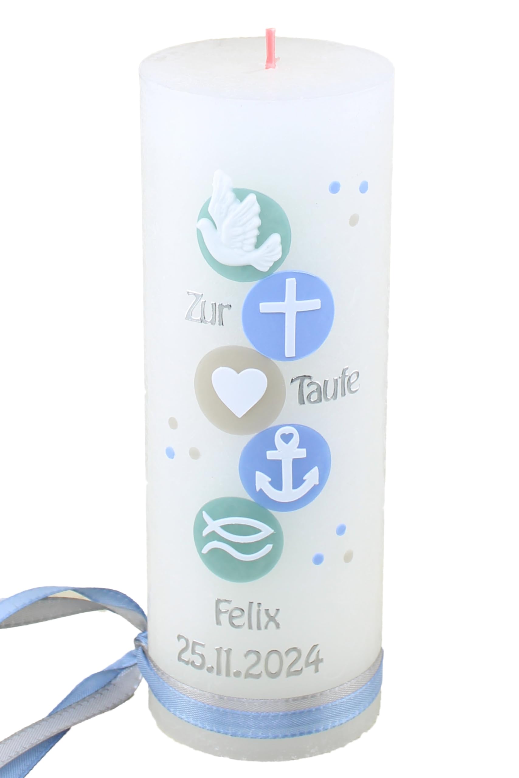 Taufkerze Rustik FELIX Junge oder Mädchen mit Name und Datum, individuell und handverziert 2199