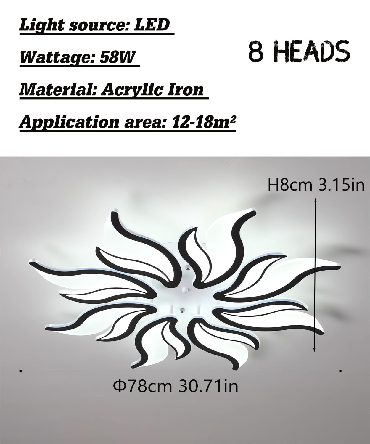 Moderna plafoniera a LED Lampada da soffitto dimmerabile per soggiorno con telecomando Lampadario 58W 6500K Plafoniere a forma di fiore per camera da letto sala da pranzo ufficio (Nero, 8 teste)
