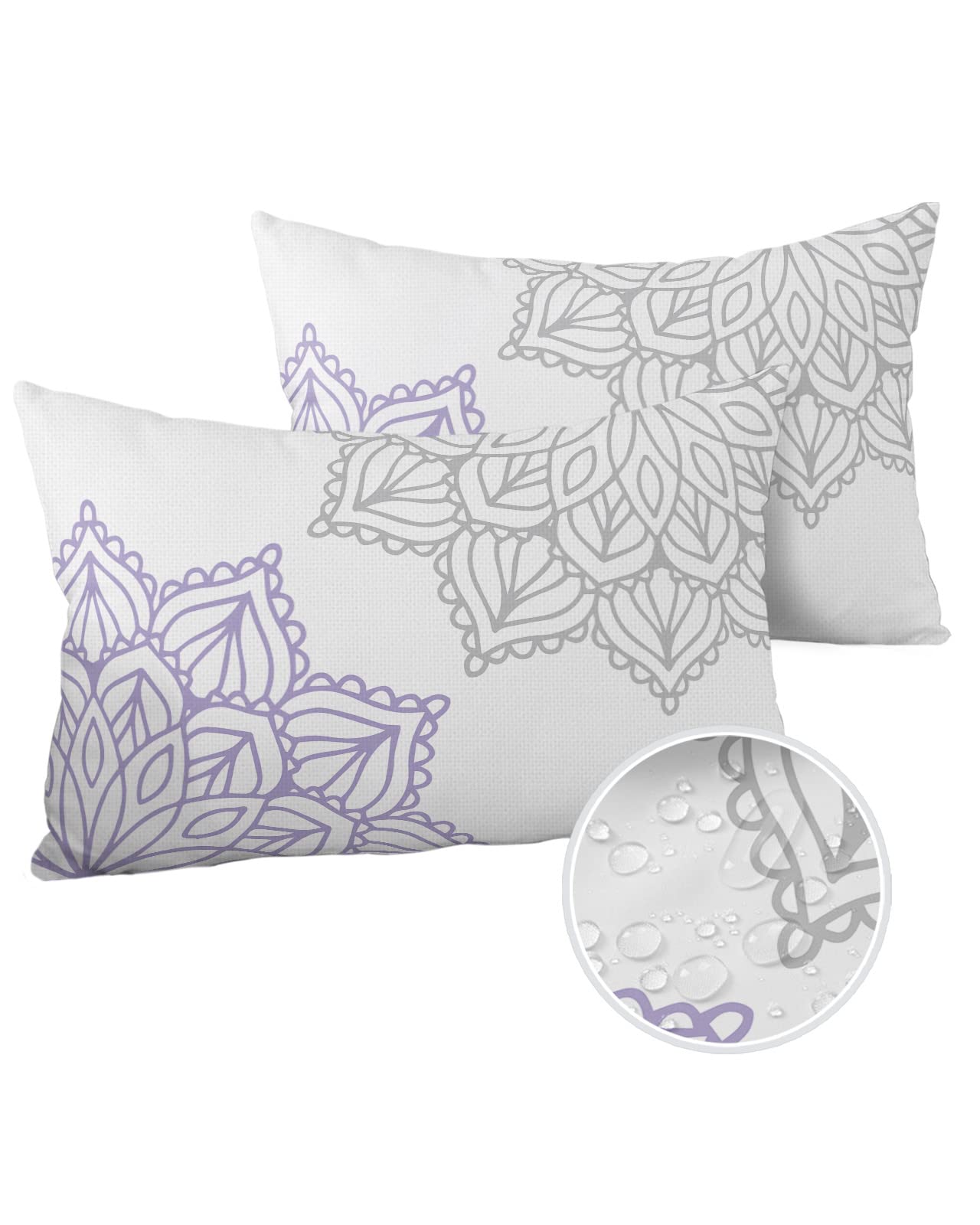 Outdoor Waterproof Throw Pillow Cover Purple Grey Lines Dahlia Floral Decorative Pillows Cushion Covers Blooming Flowers 2 Pack Pillow Cases for Patio Garden Balcony Couch Sofa 20x20In