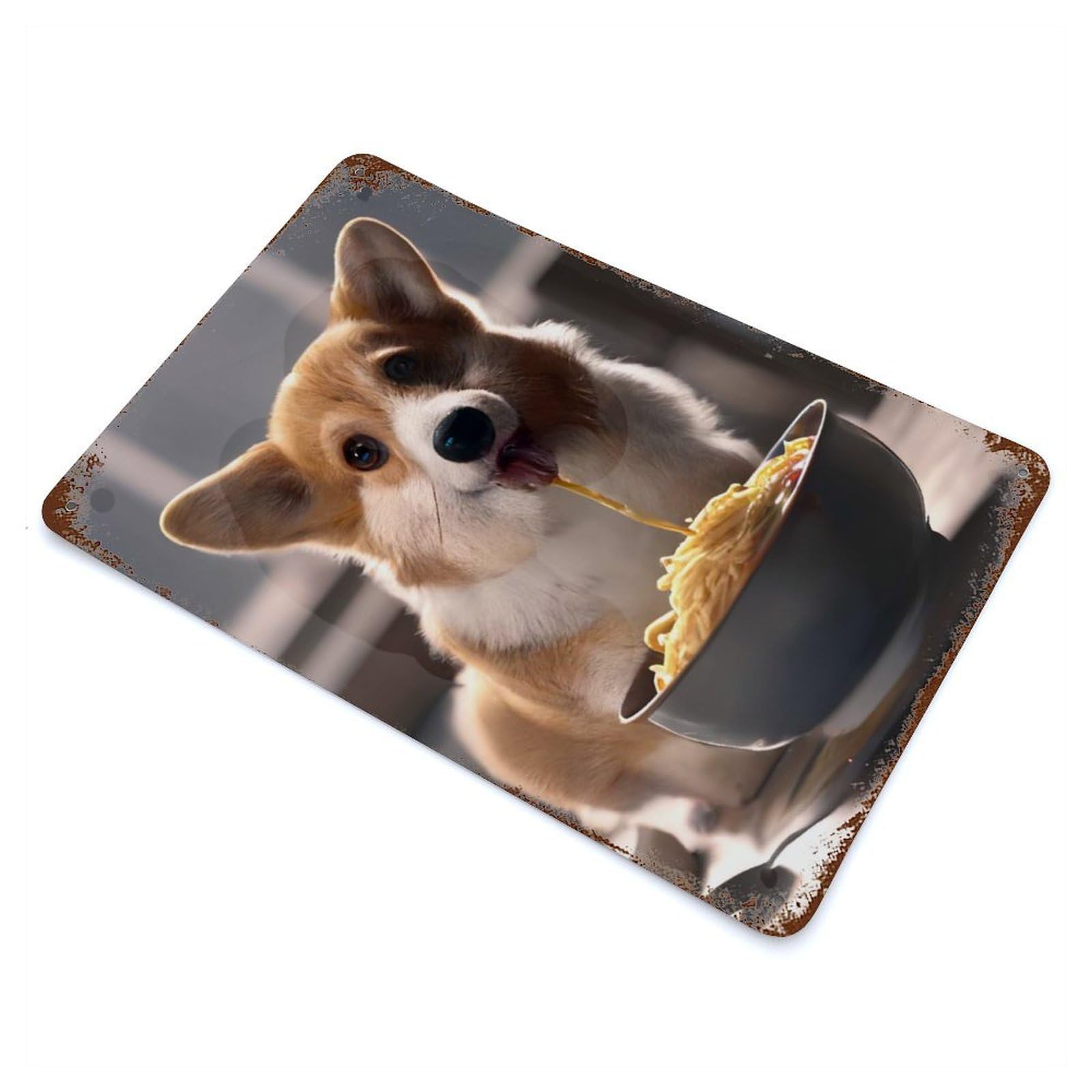 Rust Effect Corgi Dog Eating Ramen Distressed Metal Wall Sign 11.8"x7.9", Decorative Metal Wall Art for Living Room, Hallway And Home Decor