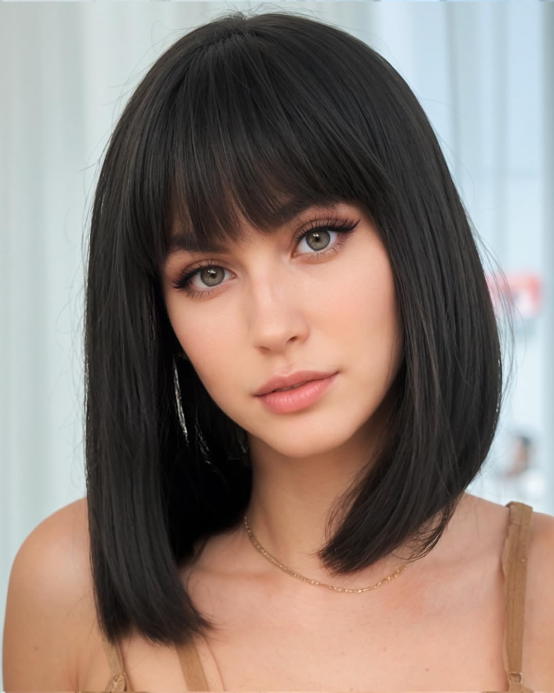 YYHR BLunt Cut Bob Wig With Bangs 14" Shoulder Length Yaki Straight Synthetic Hair Wigs Black Bob Daily Costume Wig Hair Replacement Wigs (14Inch,1B)