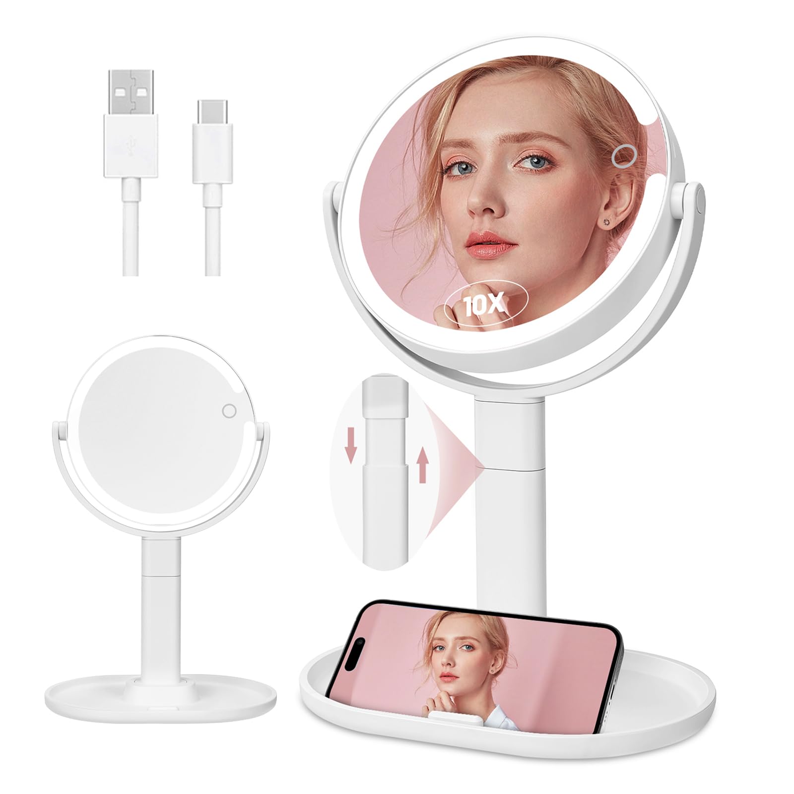Specchio Trucco con Luci 10X/1X Bifacciale,Specchio Ingranditore 8", Specchio da Tavolo Ricaricabile 1500mAh, 3 Colori di Luci 64 LED Rotazione a 360° Smontabile per Camera da Letto, Viaggio