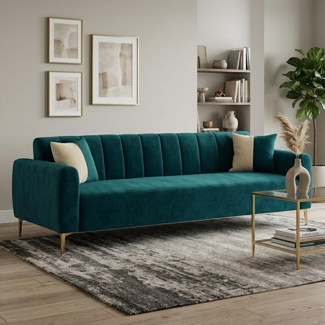 Habibi Rich Velvet Suede 3 Seater Sofa Set | Spacious Soft Touch Comfort Seating | Modern Sofa for Living Room (Greenish Teal)-image-7