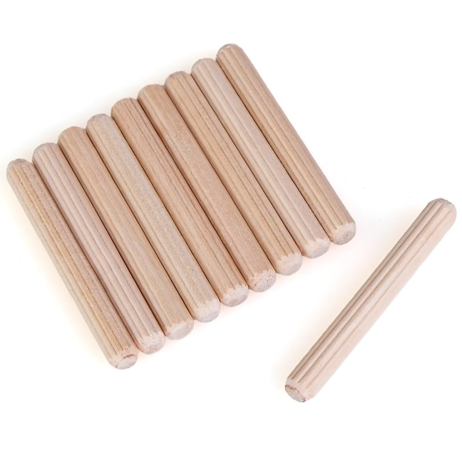 100 pcs 1/4" x 2" Wooden Dowel Pins, Hardwood, Kiln-Dried Fluted & Beveled Design for Easy Insertion for Woodworking, Furniture, Crafts & DIY Projects