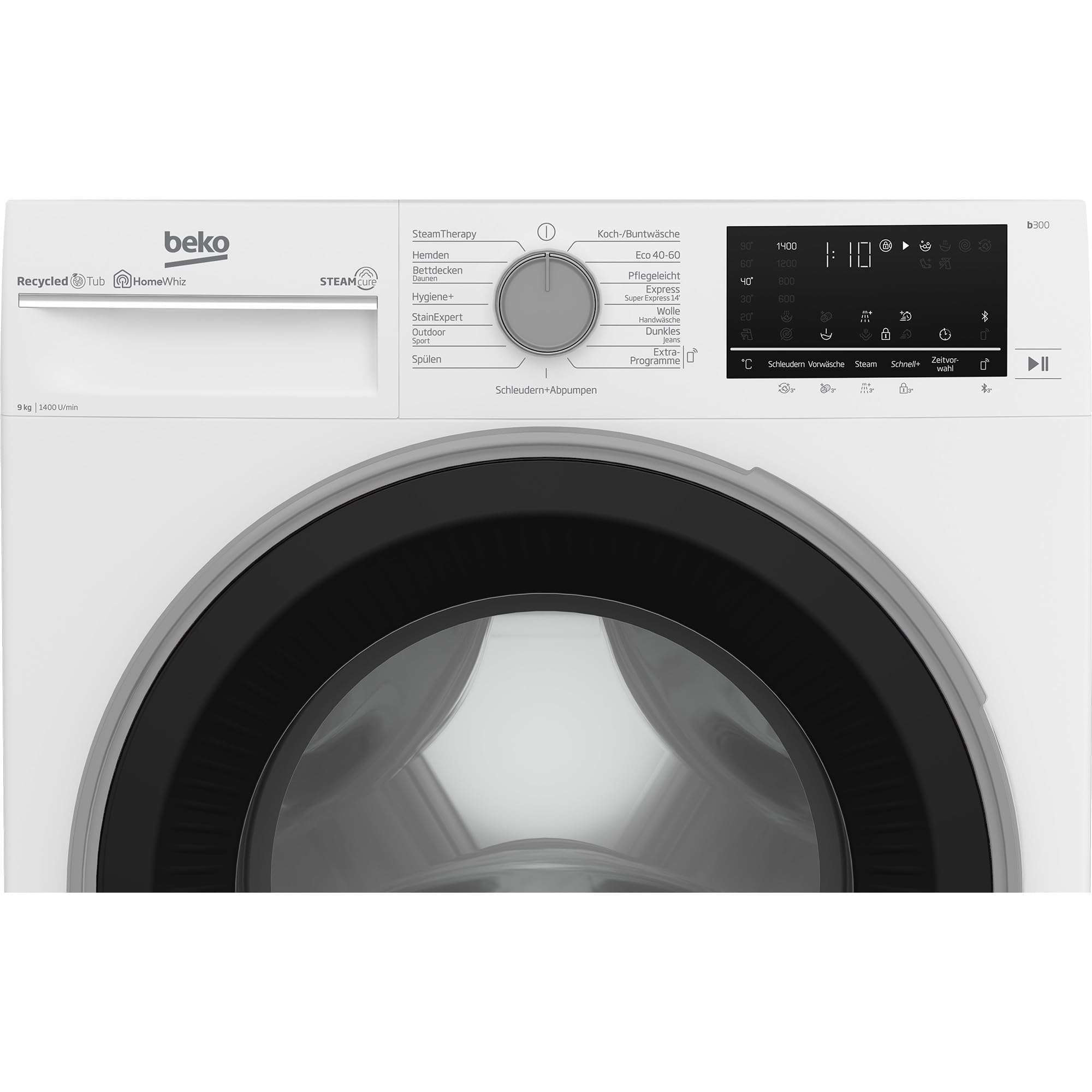 Beko B3WFU59415W2 Waschvollautomat 9 kg, Waschmaschine, Restzeitanzeige, Schleuderwahl, 1400 U/min, Dampffunktion, AddXtra-Nachlegefunktion, Bluetooth, StainExpert, Hygiene+ allergikergeeignet, Weiß