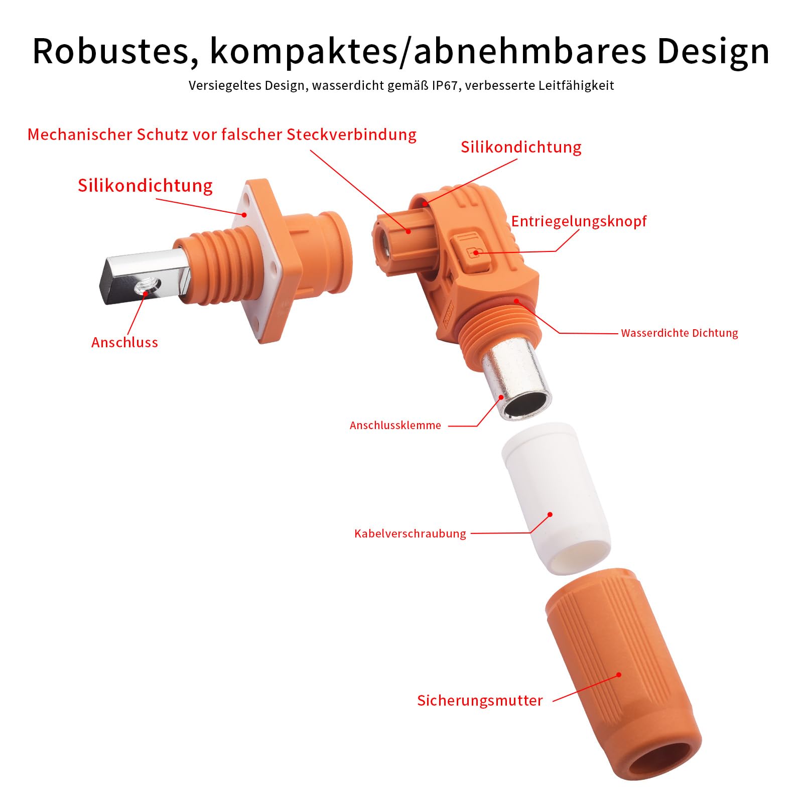 Conector de batería de 120 A, conector de almacenamiento de energía, cobre plateado, grado de protección IP67, conector de un solo núcleo para almacenamiento de energía (naranja y negro)