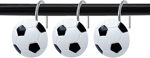 ZILucky Juego de 12 ganchos para cortina de ducha de fútbol, estilo deportivo para baño, decoración del hogar, accesorios inoxidables (fútbol)