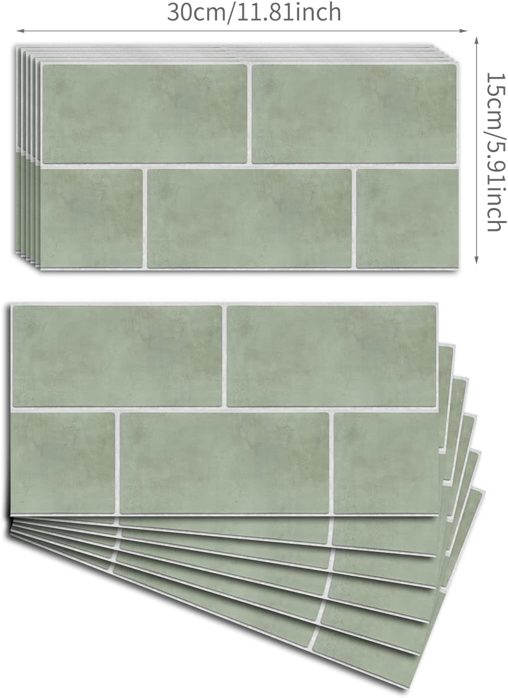 FUNLIFE 24pcs 30cmX15cm Frotter vert sauge tiles dalle pvc adhesive murale | peel and stick tiles, colle carrelage salle de bain, Convient pour les cuisines, salle de bains, salon autocollant carrelage