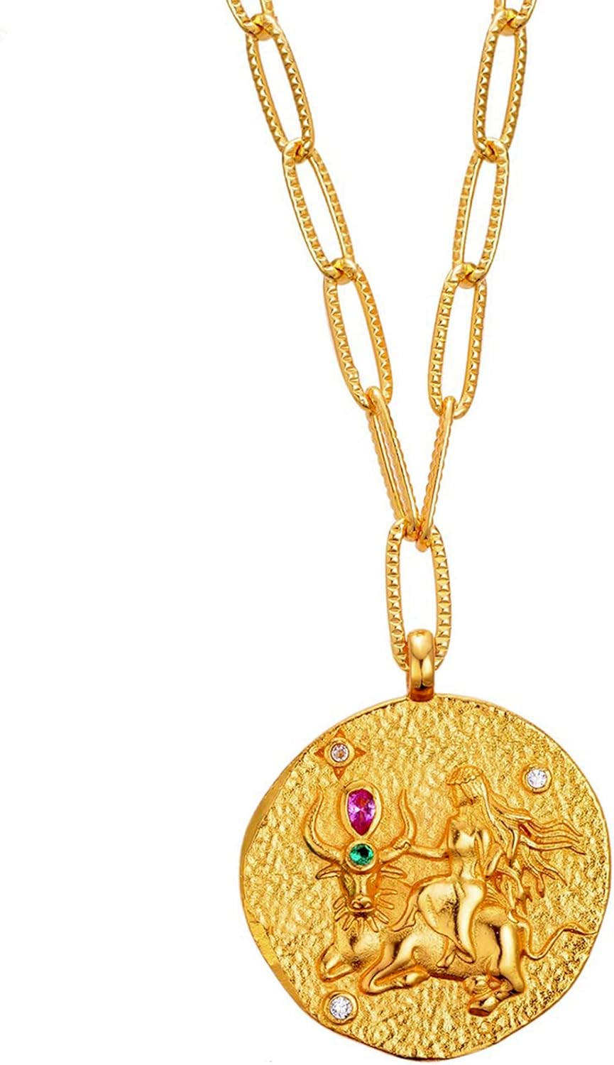 12 Constellation Necklace Lucky Zodiac Personalized Necklace 18K Heavy Gold Plated Paperclip Chain Necklace with Crystals and Gemstones Double Sided Coin Necklace Birthday Day Gifts for Women Girls