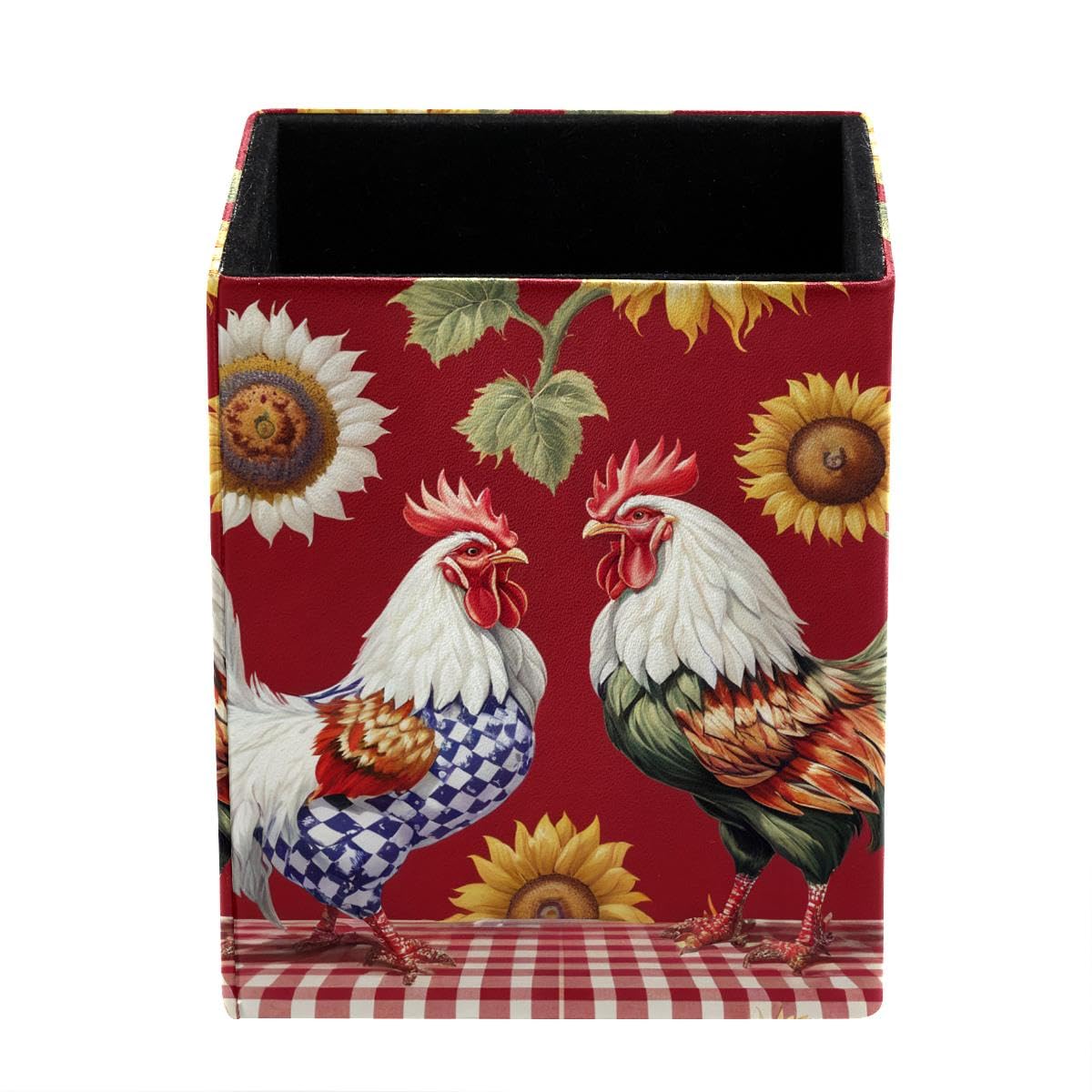 HEOEH Rooster Sunflower Pen Holder Pen Pot, Square Pencil Cup for Desk