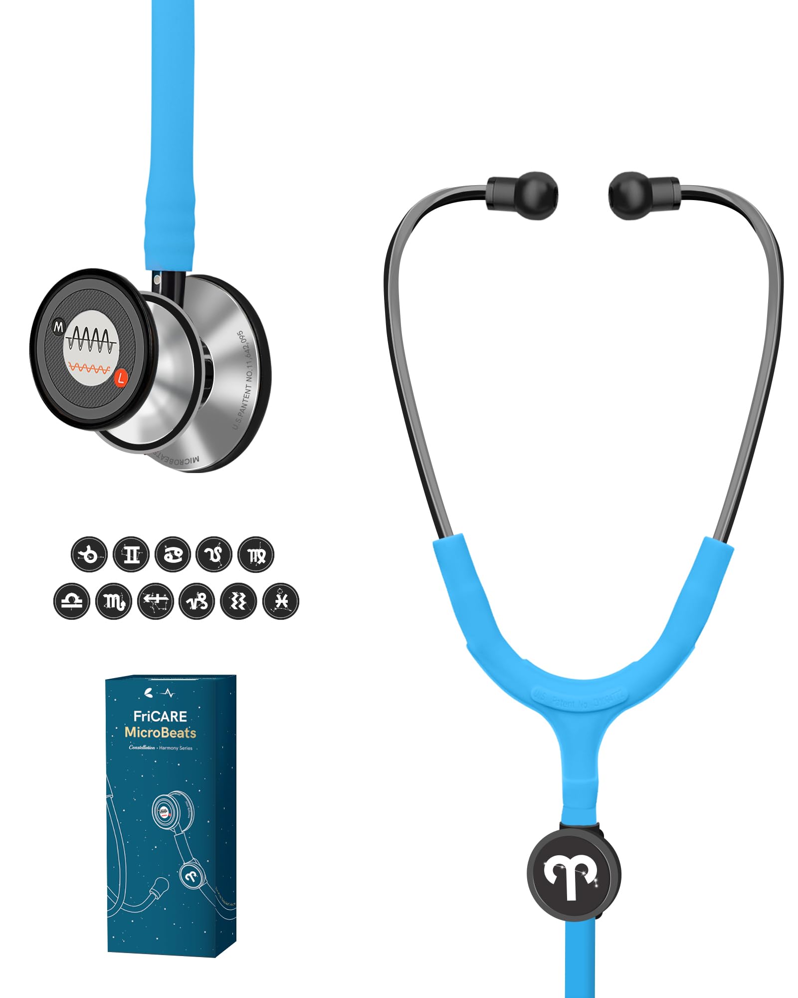 FriCARE Tunable Stethoscope - Dual Head Estetoscopio for Nurses, Doctors, Paramedics, Students, Bright Blue Tube, Mirror Chrome Finish Chestpiece