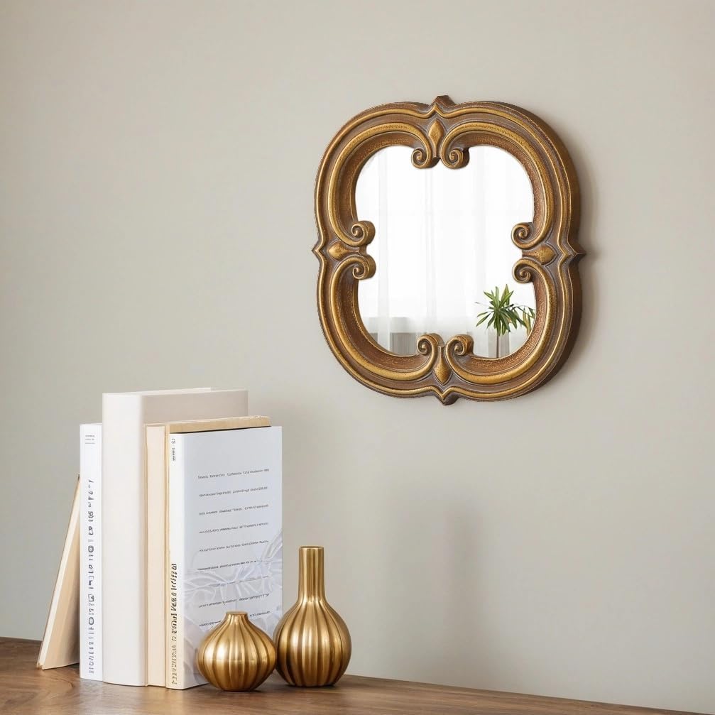 Antique Small Gold Mirror 12 Inch, Hanging Distressed Wood Frame Vintage Wall Mirrors, Decorative Unique Scalloped Mirrors for Wall Decor Living Room Hallway, Horizontal or Vertical
