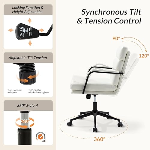 Miniatura 3 de HULALA HOME Silla moderna de piel sintética para oficina en casa con bloqueo de inclinación y base de metal, silla de escritorio con ruedas y cojín