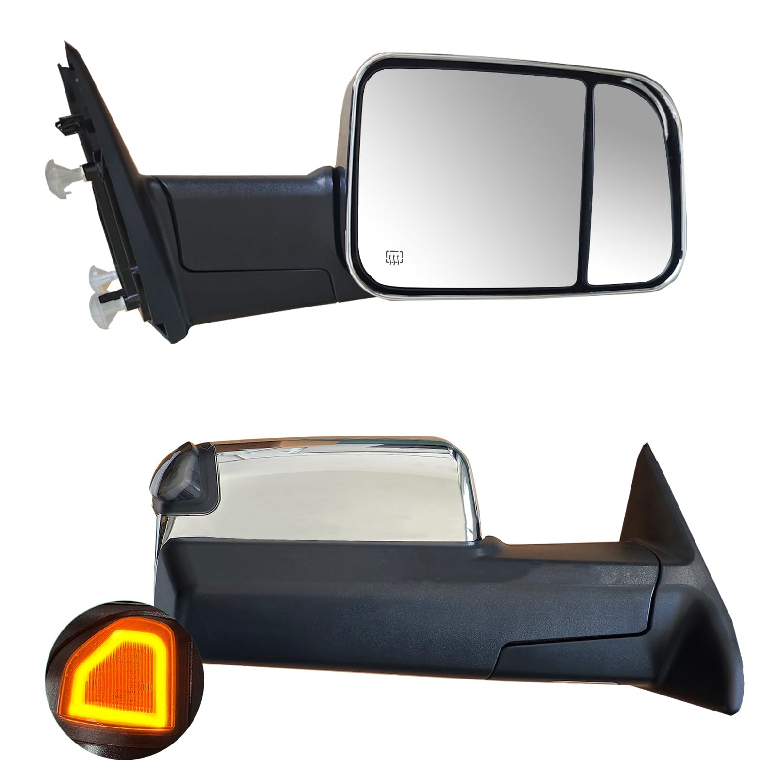 Towing Mirrors (L+R) for 2009-2018 Dodge Ram 1500, 2010-2018 Dodge Ram 2500 3500 (Chrome + Smoked LED Turn Signal)