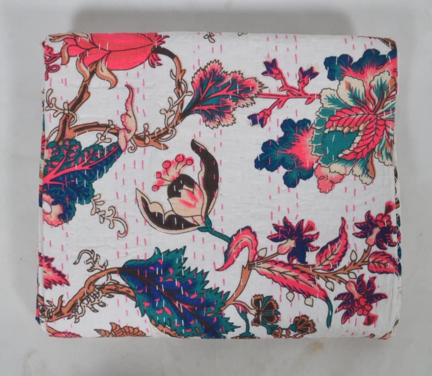 YUVANCRAFTS Couvre-lit Indien En Coton Imprimé Bloc – Queen Size (228,6 X 274,3 Cm, Rose) – Couvre-lit Bohème Kantha Vintage