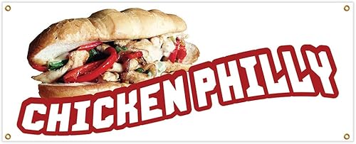 Cartel de pollo y papas fritas de 18 x 48 pulgadas, resistente de 13 onzas, con ojales, de una sola cara