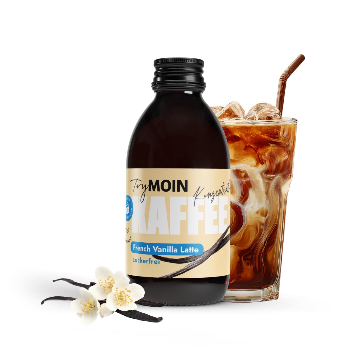 TryMOIN Vanilla Latte – zuckerfrei – Kaffeekonzentrat mit zuckerfreiem Vanille-Sirup für Iced Coffee, Cappuccino, Frappé & Latte | 30 Portionen pro Flasche