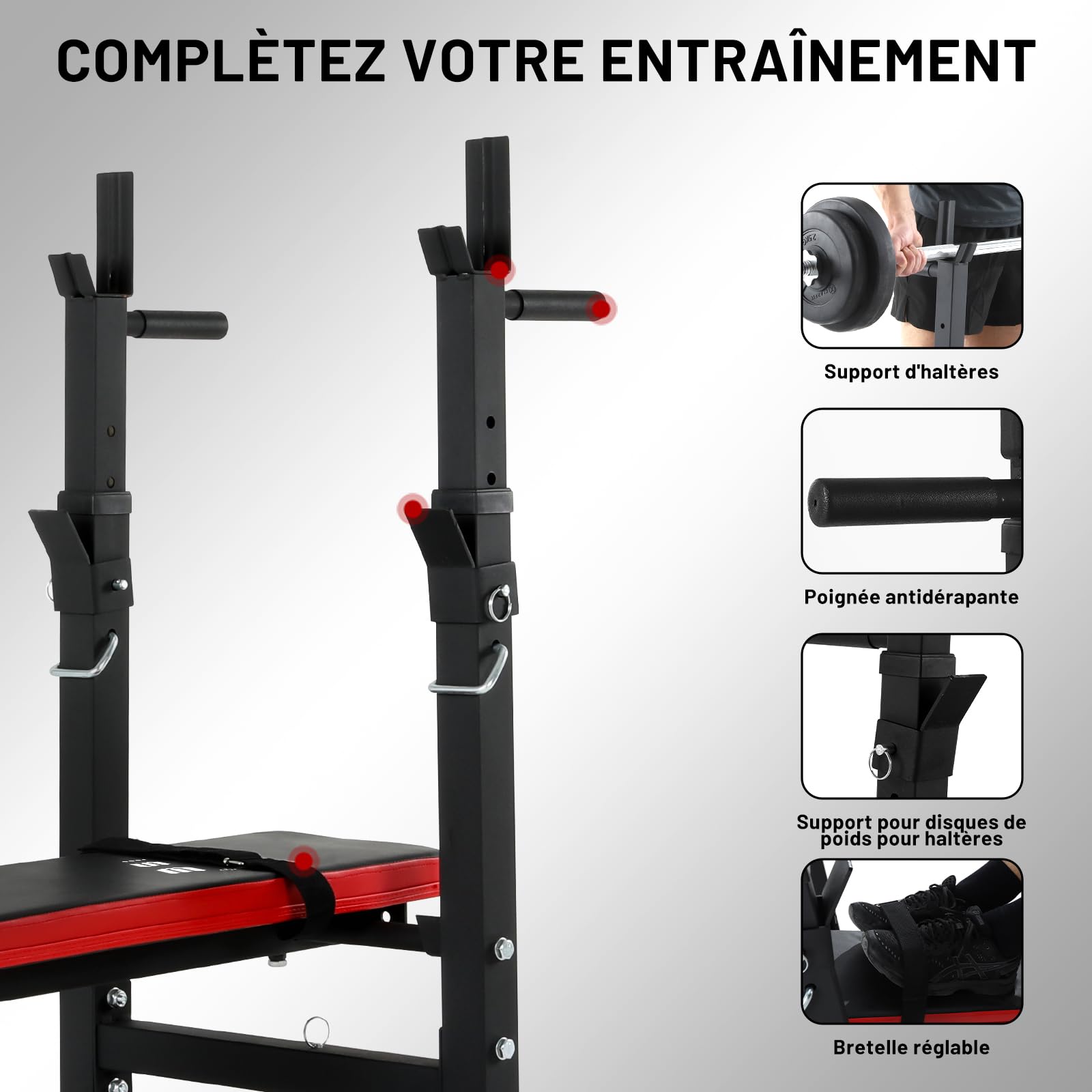 ISE Banc de Musculation Pliable, Banc Musculation Complet Réglable avec Support de Barres pour Haltère et Station à Dips, Bancs de Musculation Réglables, Rack Musculation Homme Sport Maison