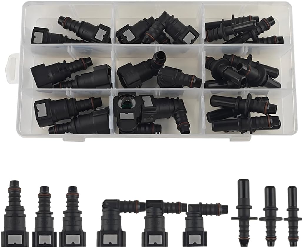 24PCS Car Fuel Line Quick Connector Kit, SAE 7.89mm 9.49mm 9.89mm to 8mm Vehicle Fuel Line Adapter, Assorted Hose Release Straight Elbow Connect Fitting, Universal for Vehicles