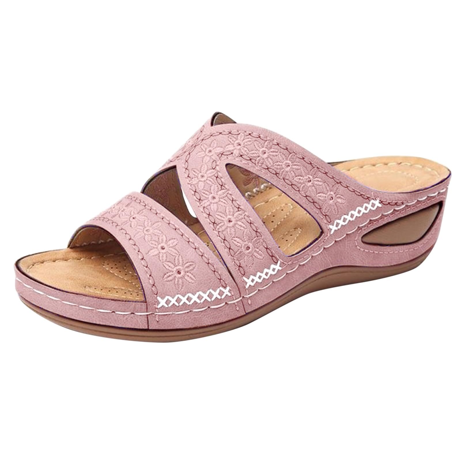 Sandali grossi da donna, vestibilità larga, pantofole da donna, estive, per esterni, comodi, sandali da spiaggia con morbido tessuto in pelle con fiore testurizzato etnico con supporto per arco