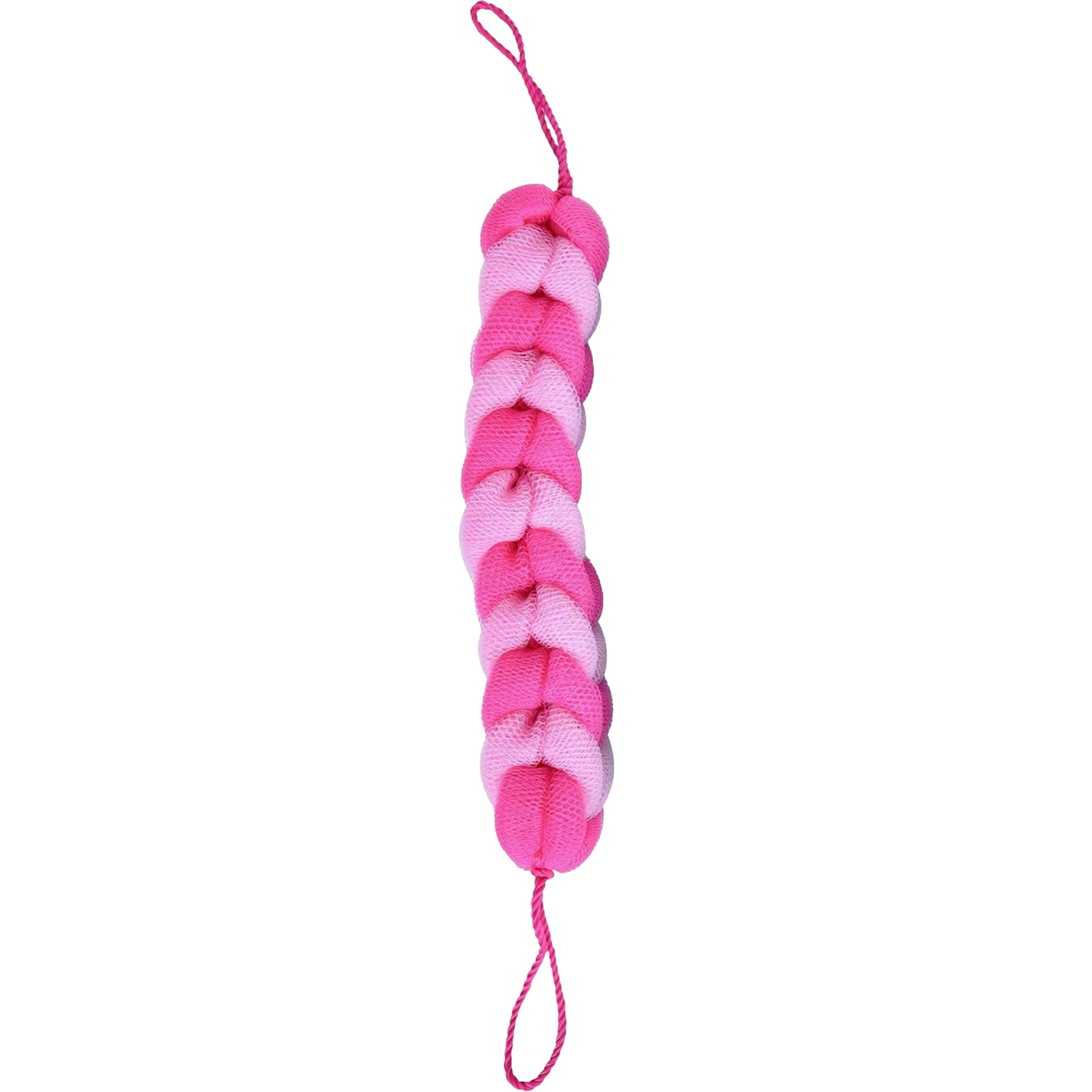 Esponja larga y elástica con asas de cuerda, esponja de malla exfoliante para el cuerpo, esponja elástica trenzada para hombres y mujeres (rosa)