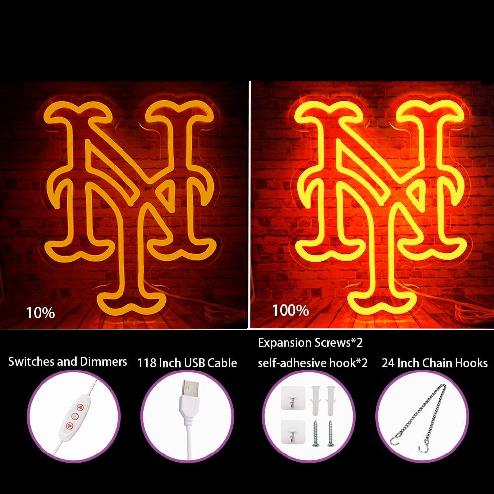 Baseball Sports Team Neon Sign Suitable for Mets Logo for Wall Decor USB Powered Dimmable Led Light Up Signs for Bedroom Men Cave Home Bar Decor Birthday Xmas Gifts for Fans Kids - Image 2