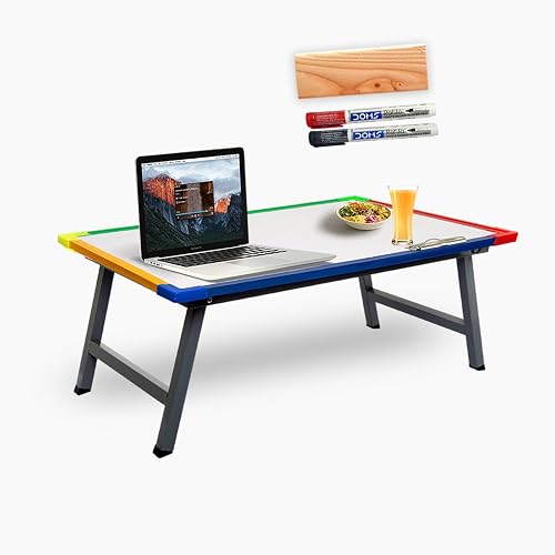 KYZEN Adjustable Multipurpose Table with White Writing Board, Paper Holding Clip, 2 Marker Pens 1 Duster, Ideal for Student Study, Laptop and Computer Use (Multi Color Border Plus)