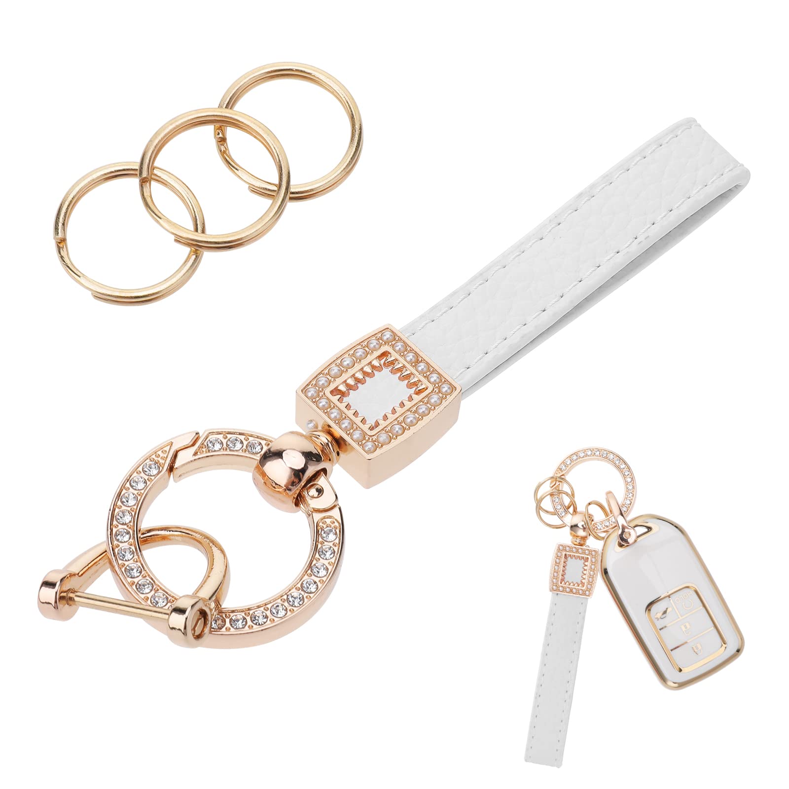 Microfiber Leather Car Keychain, Bling Universal Key Fob Holder with Anti Lost D Buckle 360 Degree Rotatable Car Key Fob Keychain Holder with 3 Keyrings and Repair Bar