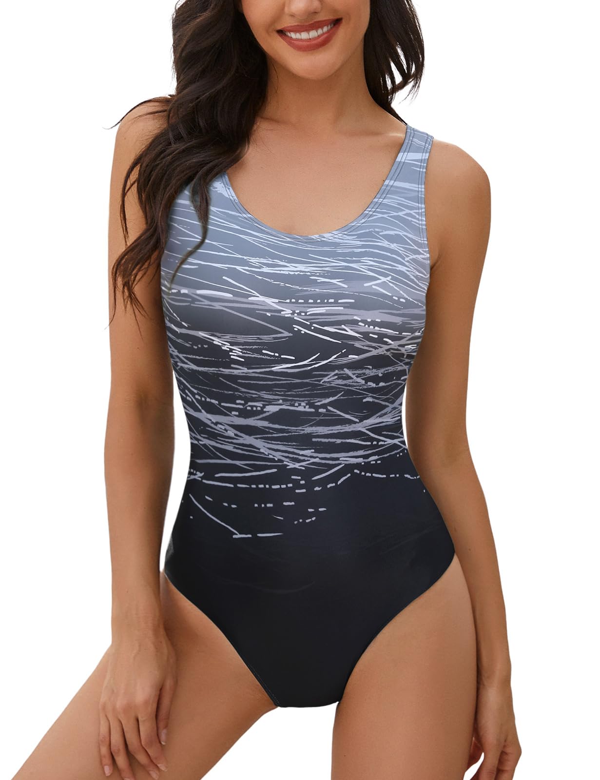 heekpek Einteiliger Badeanzug Damen Sport Weste Gradient Badeanzug Bauchweg Hoher Taille Slim Fit Bademode Swimsuit