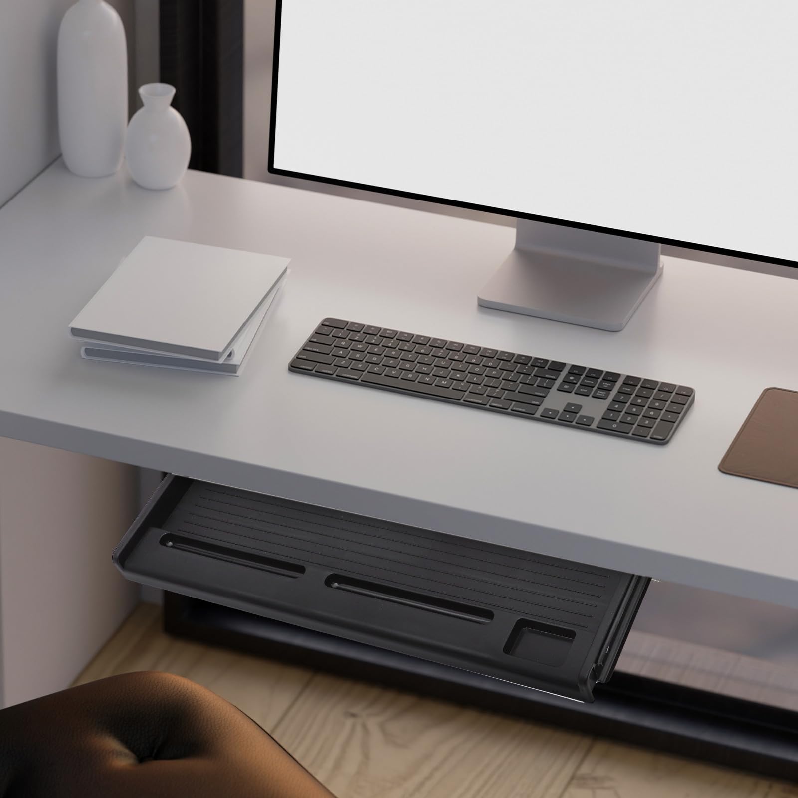 Tastaturablage unter dem Schreibtisch mit Gleitschienen, schwarz, K1-Aufbewahrung, ausziehbare Schublade für Büroorganisation und platzsparend