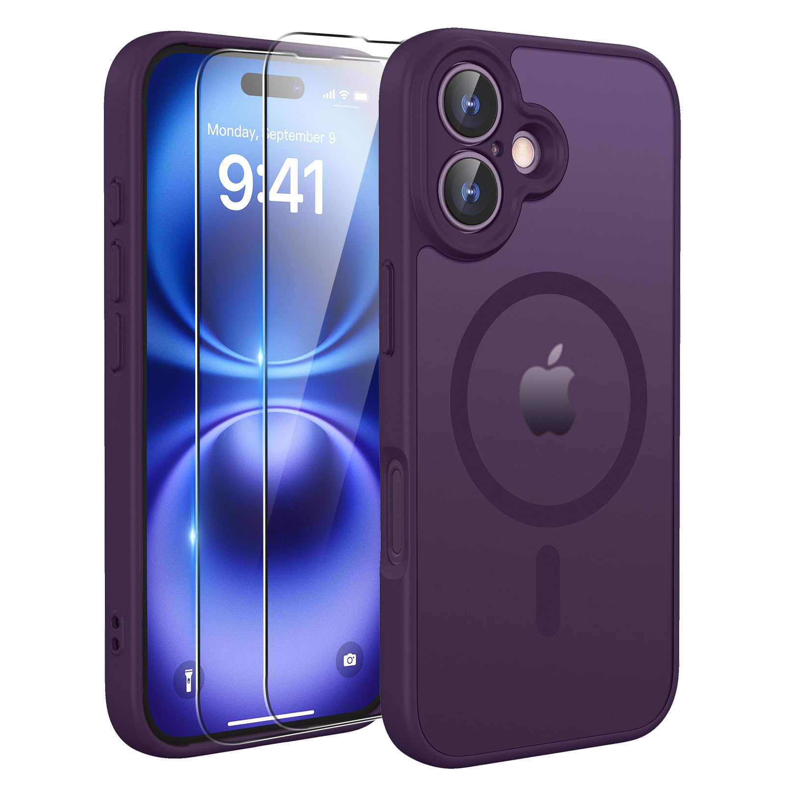 TQIAHF Cover Custodia Magnetica per iPhone 16, Viola | 2 Pellicola Vetro Temperato Protezione Schermo Compatibile con Magsafe Militare Antiurto Sottile Opaca Telefono Case