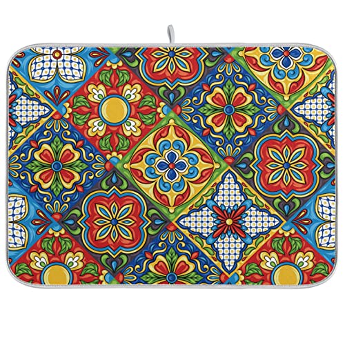 Mexican Talavera Tile Dish Drying Mat for Kitchen Counter, Microfiber Dish Drainer Mat for Kitchen Countertop 16 x 18 inch