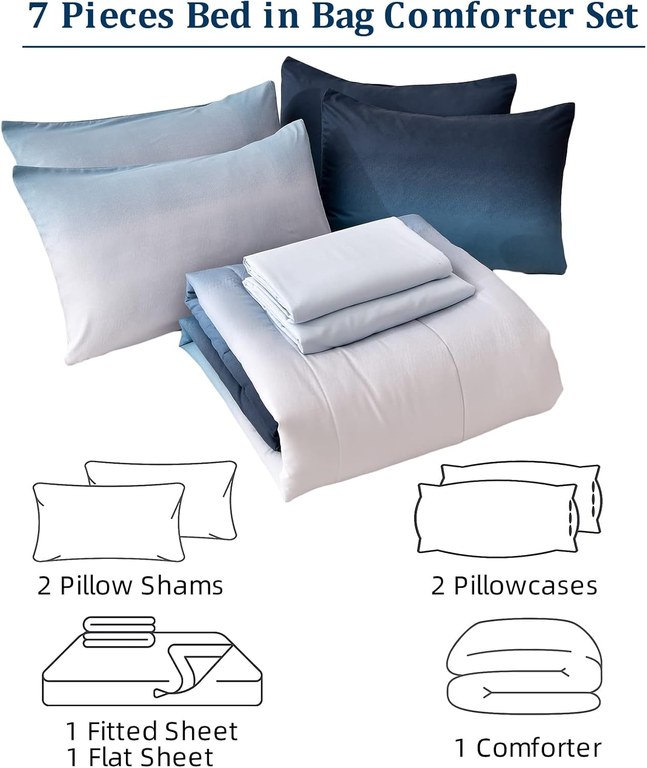 Anibedding Blue Comforter Set Queen - 7 Pieces Ombre Blue White Microfiber Bedding Set - All Season Down Alternative Light Ocean Sea Abstract Bed in a Bag for All Season (90" x90") - Image 6