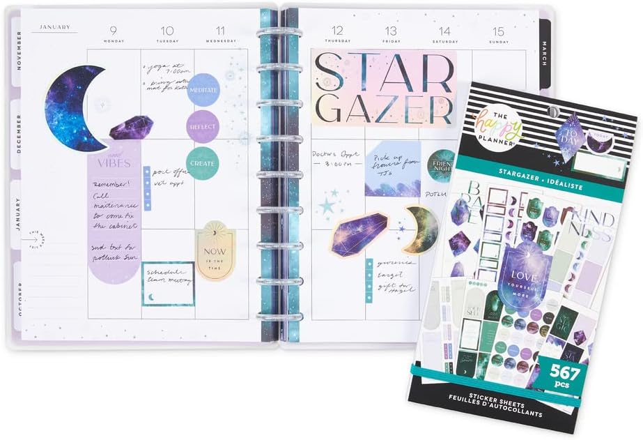 The Happy Planner 18 Month Planner & Sticker Pack Bundle - Stargazer Theme - Classic Sized Planner (9.75" x 8.25") July 2022-Dec 2023 & 30 Sheet Sticker Pack, 567 Stickers Total : Office Products
