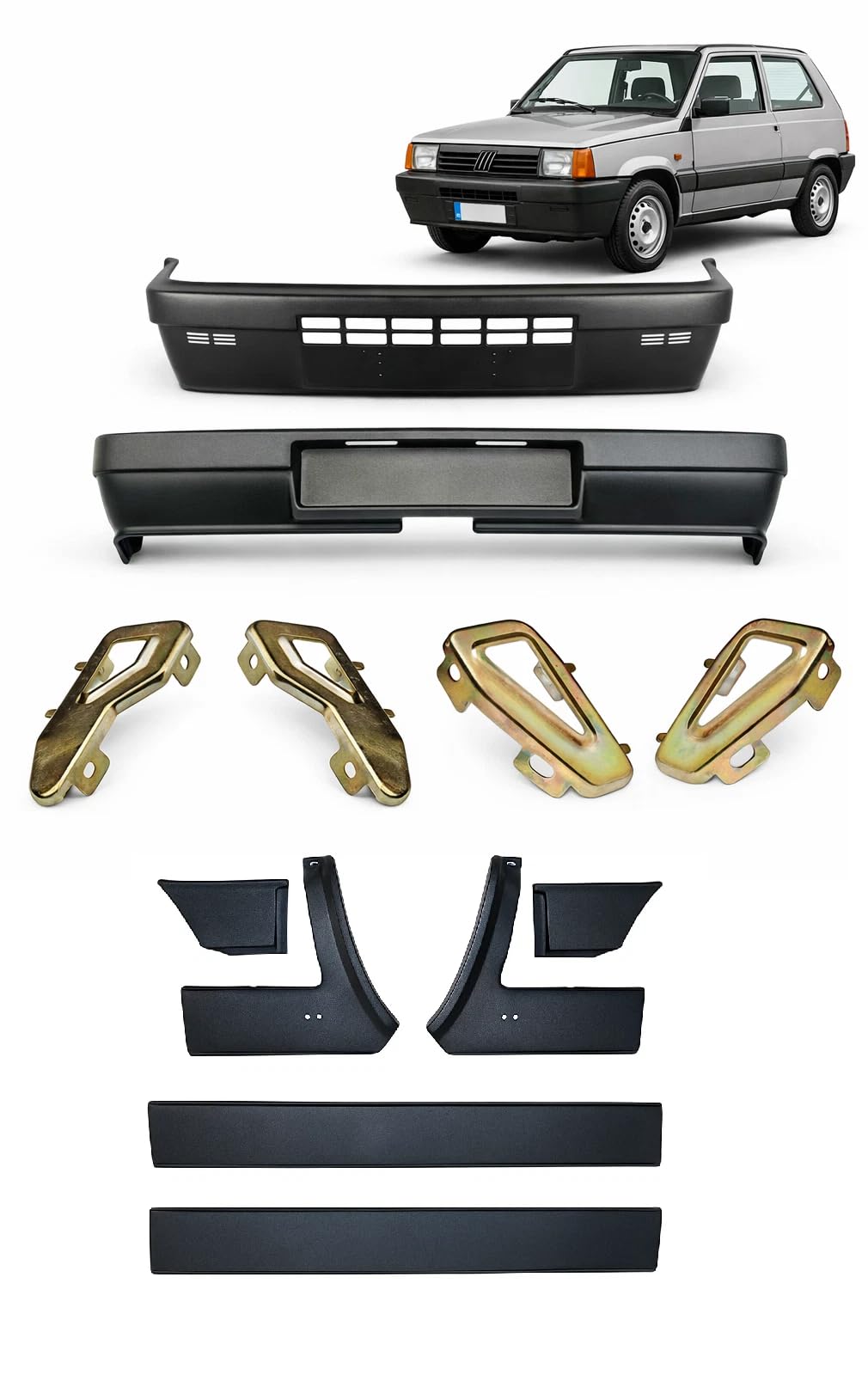 Kit Paraurti e Modanature Esterne Compatibile con Fiat Panda 141 | Paraurti Anteriore + Posteriore + Staffe + Modanature Laterali | Finitura Nera