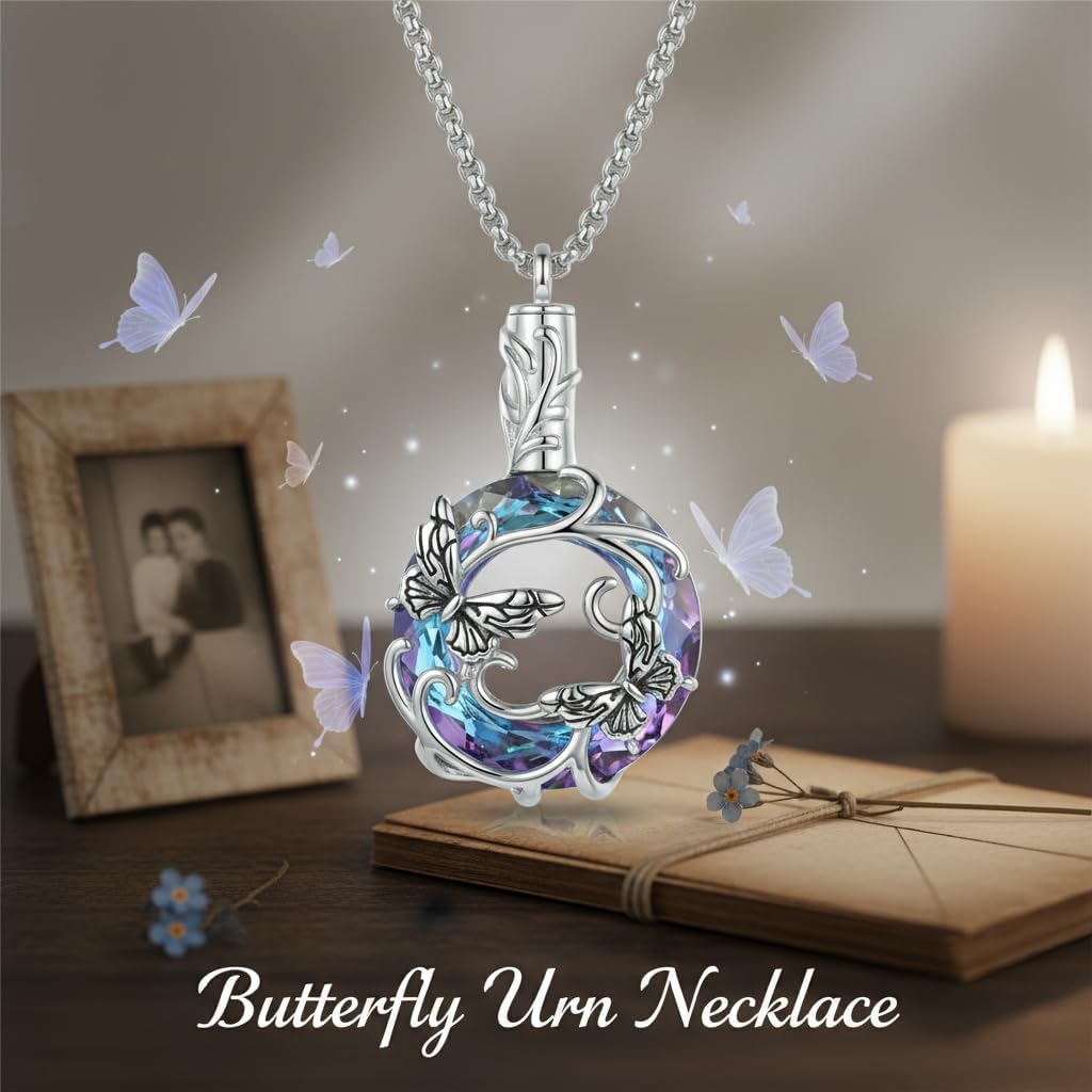 Butterfly Urn Necklace for Ashes for Women Crystal Condolence Cremation Jewelry Remembrance Gift for Loss