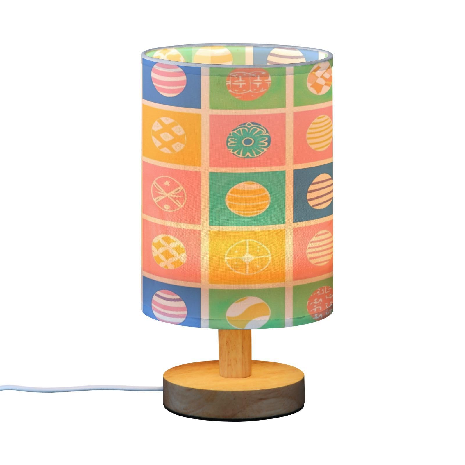 SDMKA Colorful Easter Eggs Bedside Table Lamp for Bedroom, Minimalist Nightstand Lamp with Round Fabric Shade for Living Room, Office, No Bulb Required