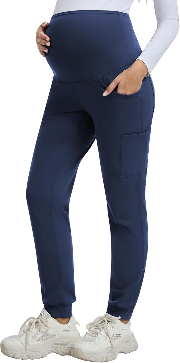 QBK Pantalones médicos de maternidad para mujer, panel elástico de talle alto, pantalones de uniforme de trabajo para embarazo con 6 bolsillos