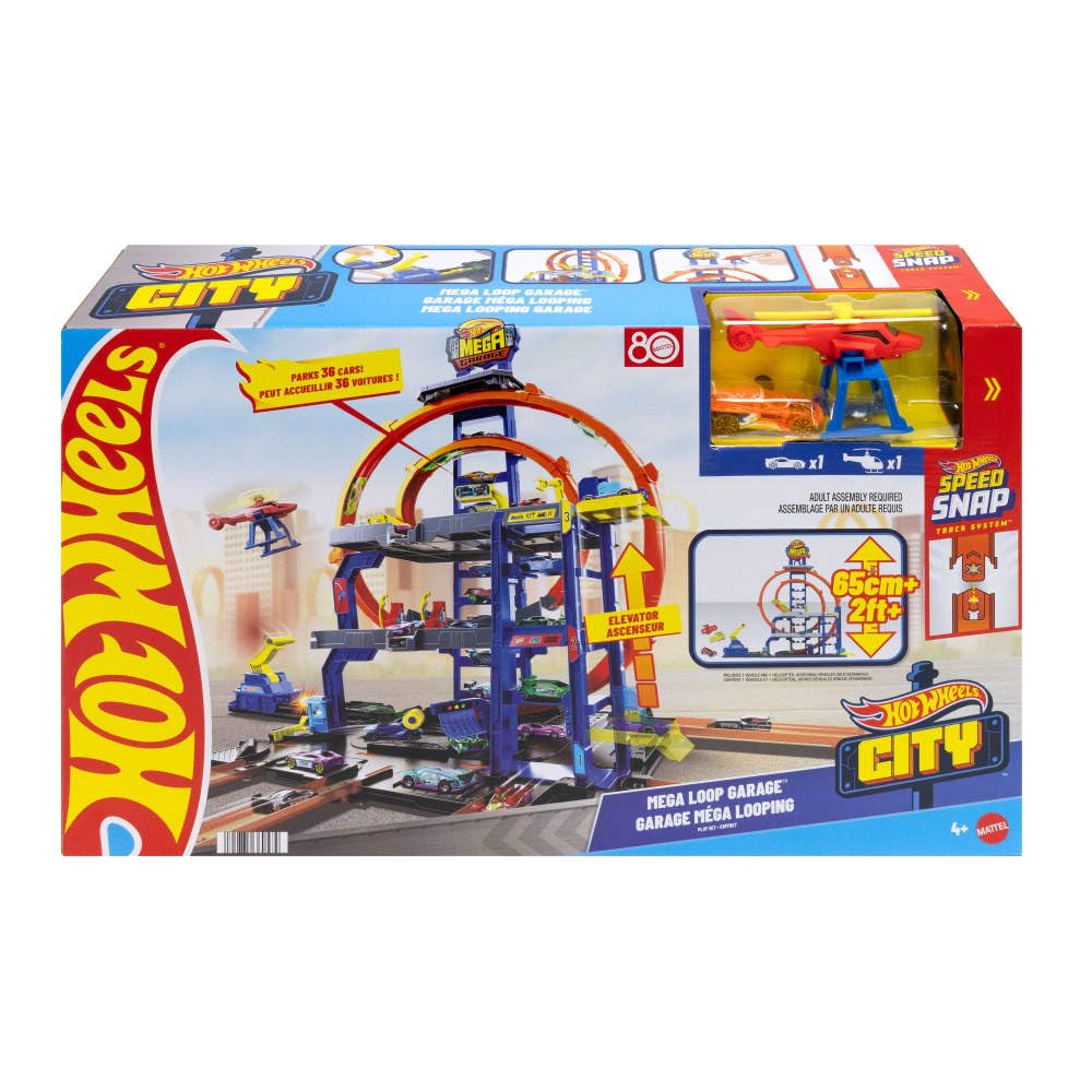 Hot Wheels Mega Loop Garage zestaw torów z autem i helikopterem | Zestaw z metalowym pojazdem i helikopterem, 2 pętle, miejsce na 36 aut 1:64, złączki Speed Snap, JLC05