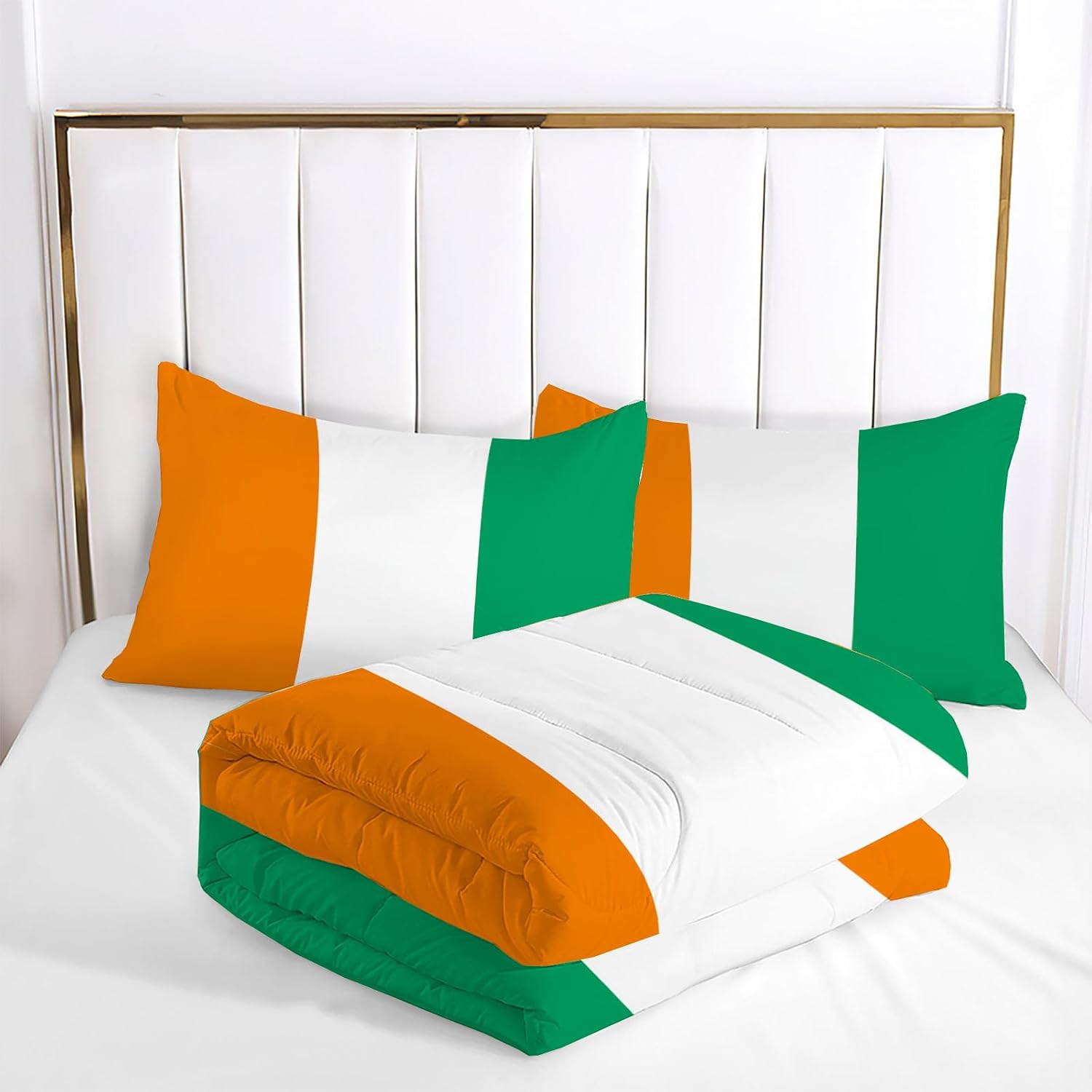 Patriotic Theme Comforter Set Queen Size, Irish Flag Print Breathable Bedding Set for Girls Boys Teens, Green Quilt Duvet with 2 Pillow Cases
