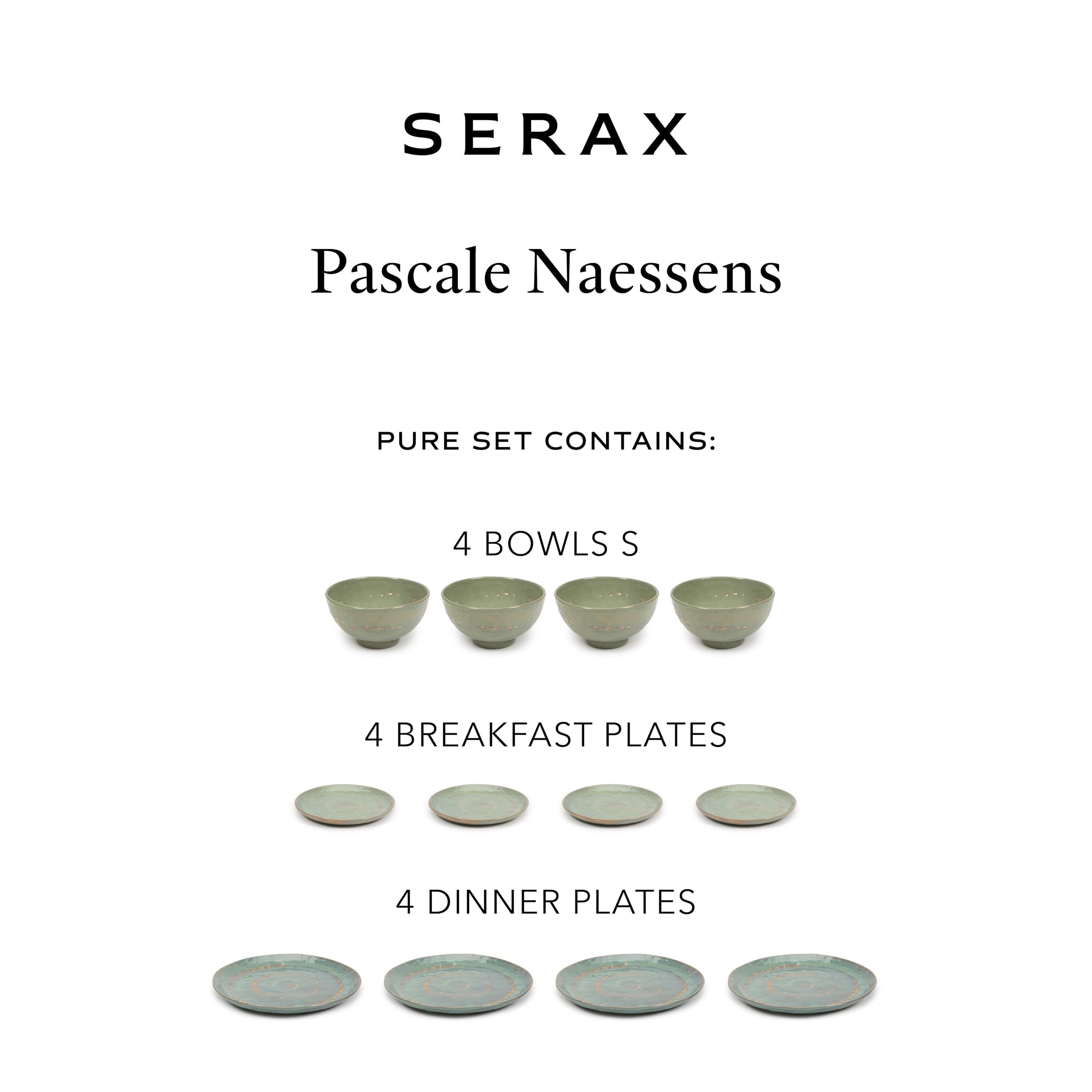Serax Seagreen Pure 12-częściowy zestaw obiadowy | 4 talerze w rozmiarze M, 4 talerze w rozmiarze S, 4 miski rozmiar M, zestaw ceramiczny Pascale Naessens, zastawa stołowa
