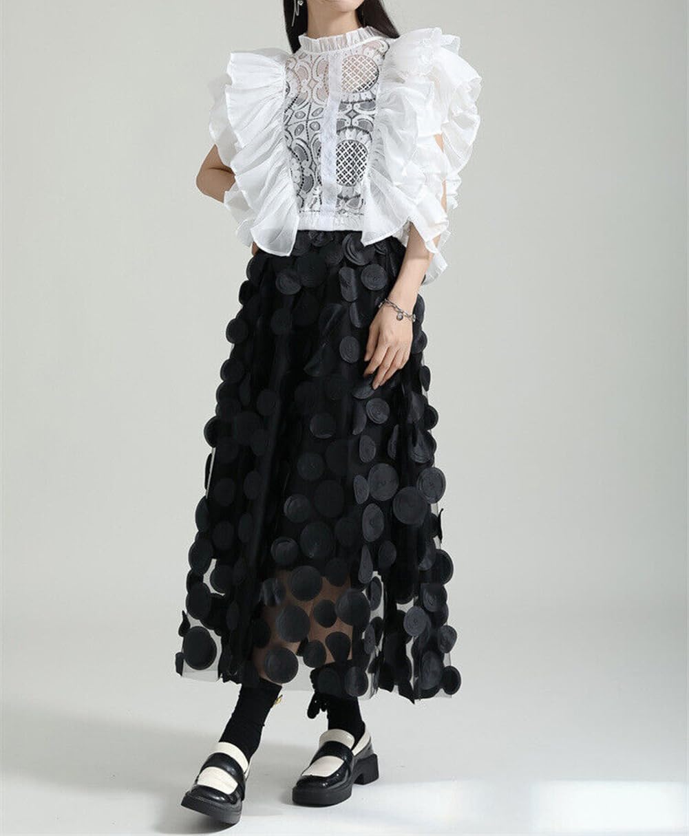 Falda de tul para mujer, diseño de lunares 3D, cintura elástica, de malla, acampanada, falda midi para boda, Halloween, fiesta