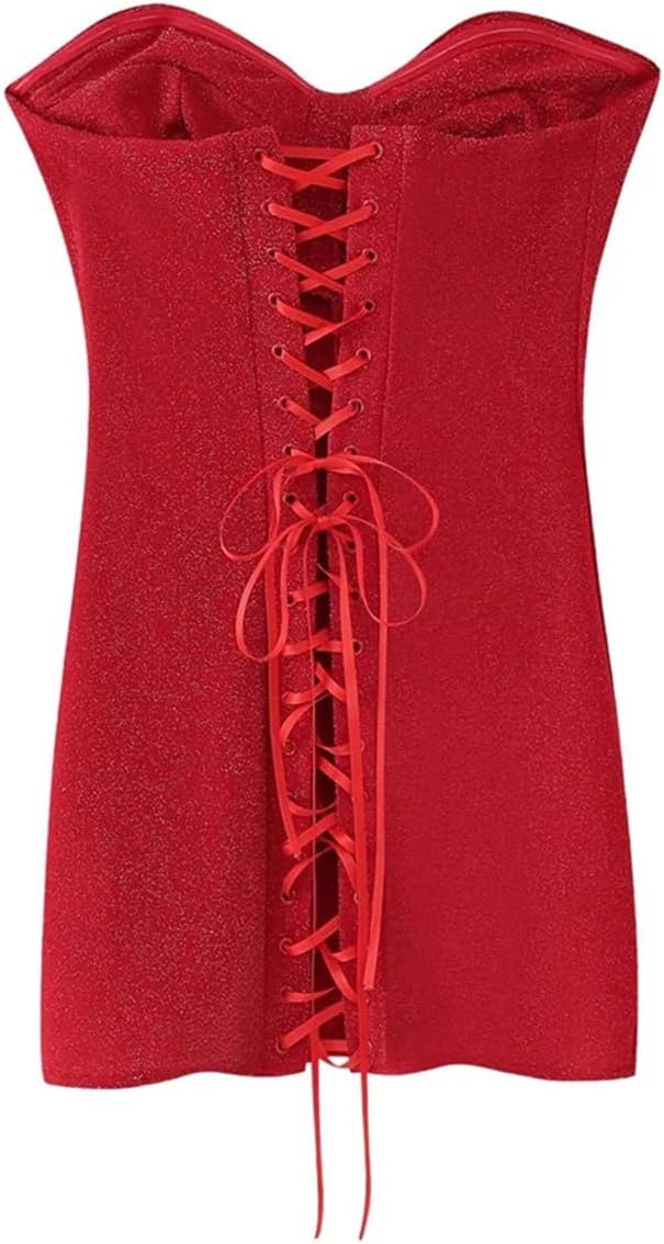 Women's Sequin Patchwork Slim Fit Lace Up Sleeveless Party Mini Short Strapless Dress