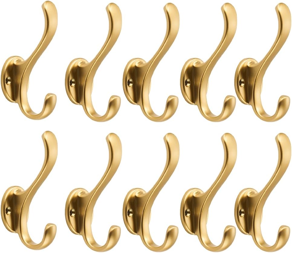 khtumeware 10 Pack Brushed Gold Coat Hooks Wall Mount Heavy Duty Utility Retro Double Hooks for Hanging Coats,Hat, Towel, Key, Robe, Scarf, Bag, Cap (Brushed Gold)