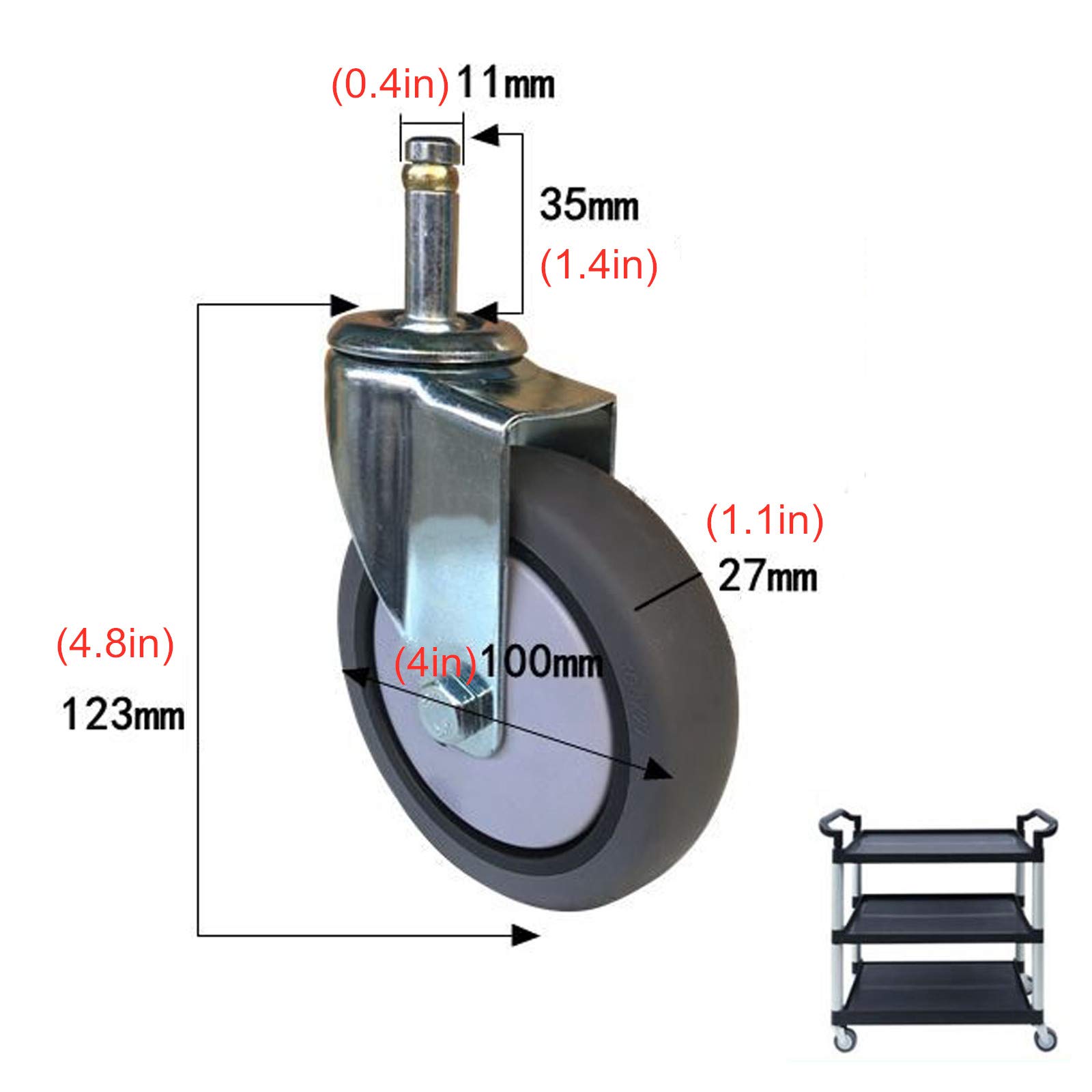 LUNEZY Roues à Tige pivotantes 10,2 cm 100 mm Roulette de Chariot Mobile à roulettes Robustes, Convient pour Les Chariots de Voitures-Restaurants, Lot de 4 Portant Une Charge de Roue de 8