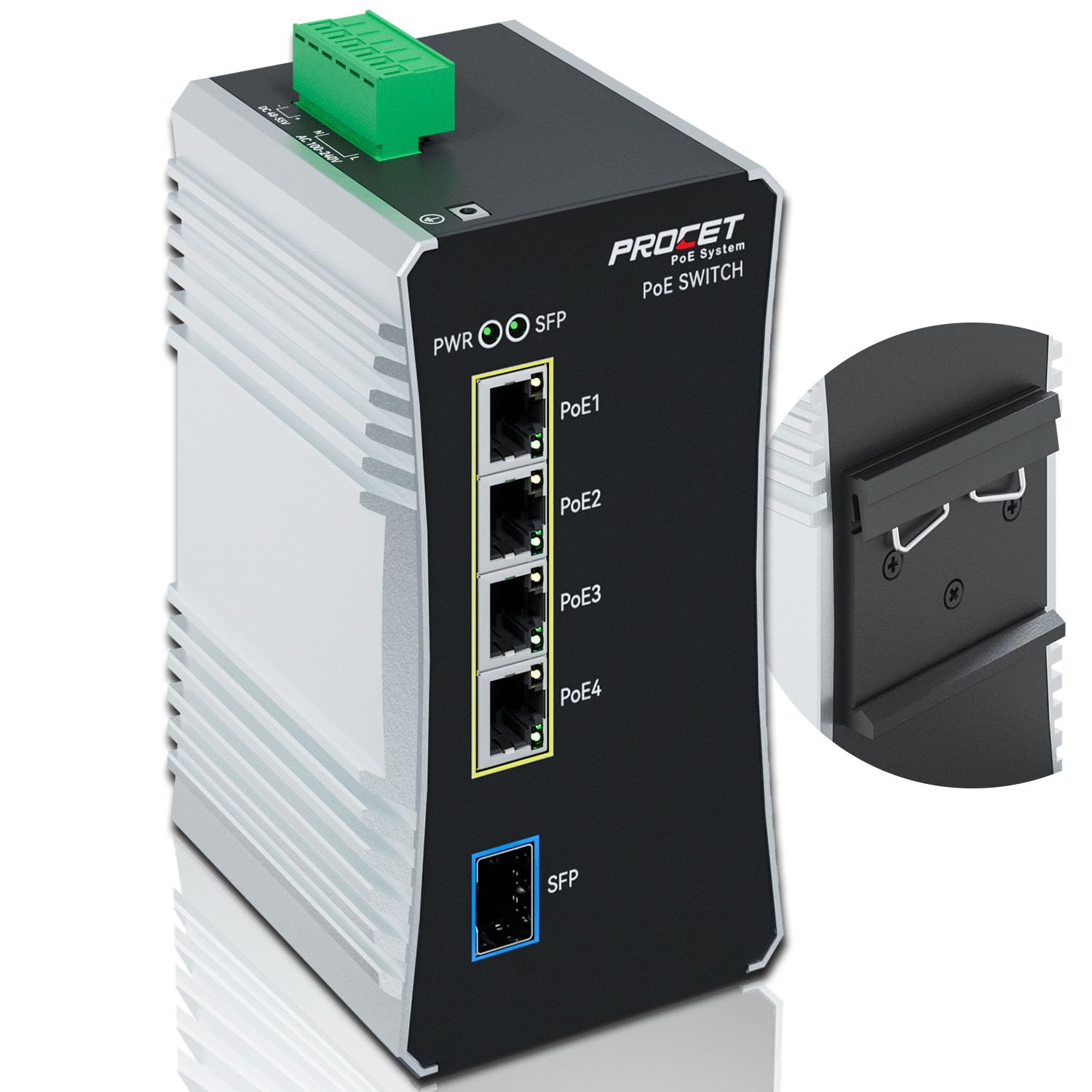 Procet Commutateur PoE Gigabit 4 ports Din Rail, 90 W/port, convertisseur de média en fibre PoE++ industriel avec large température -40 °C à 65 °C, fente SFP, entrée AC/DC,