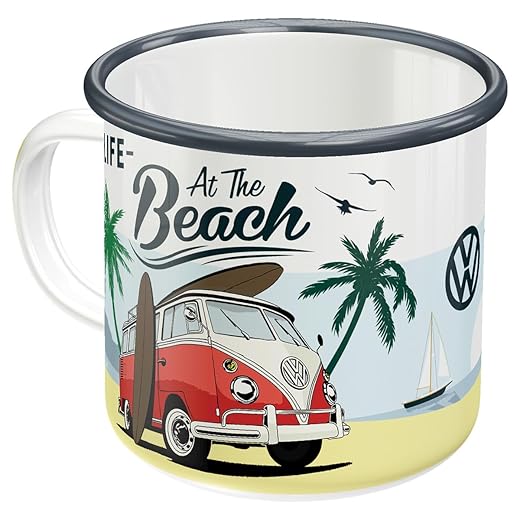 Nostalgic-Art Retro Emaille-Tasse, 360 ml, VW Bulli – Beach – Volkswagen Bus Geschenk-Idee, Camping-Becher, Vintage Design