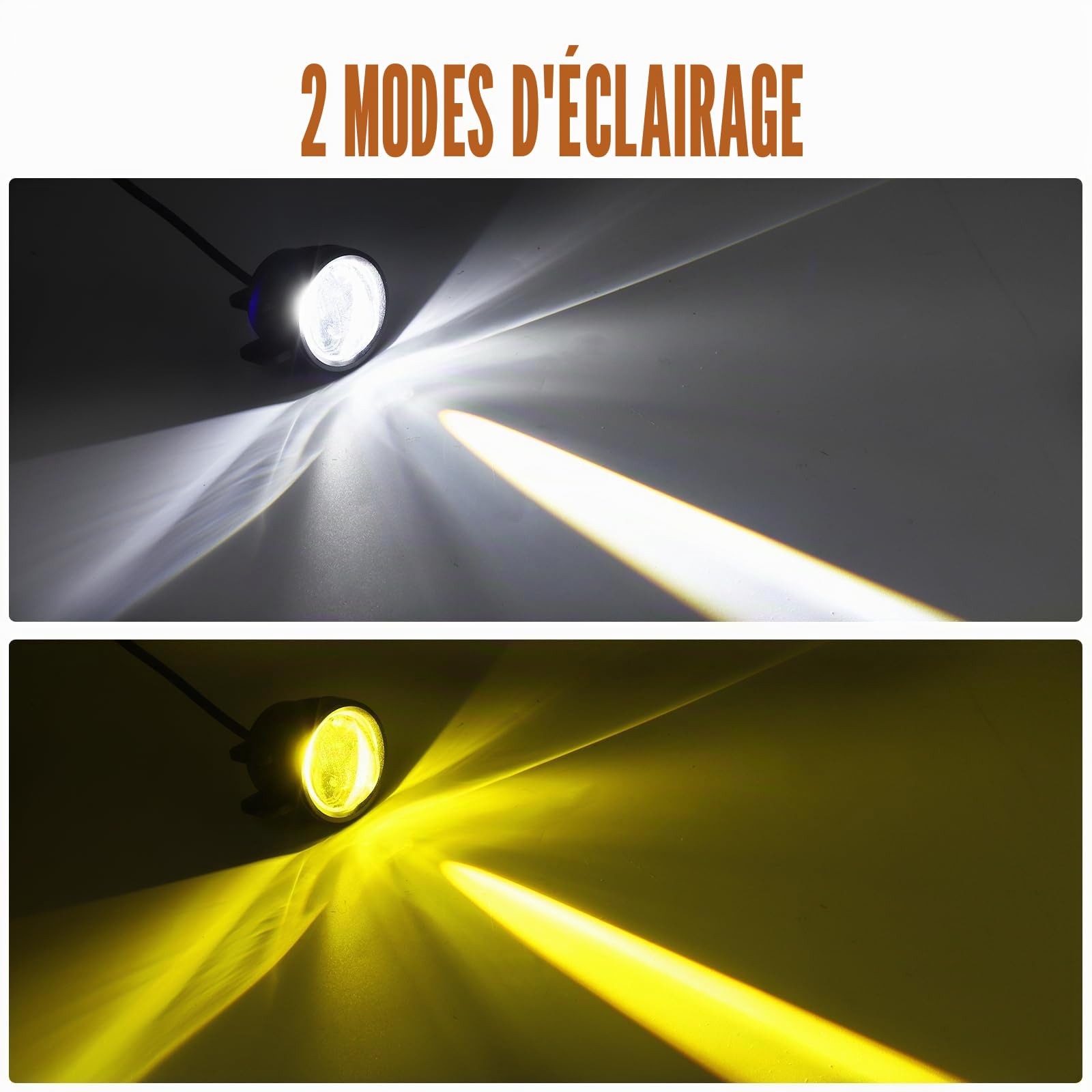 Projecteurs de Moto LED Antibrouillard Jaune Blanc Bicolore Phares Avant Supplémentaires Lampes de Conduite Universelles pour Moto ATV UTV Dirt Bike, 2PCS (interrupteur inclus)