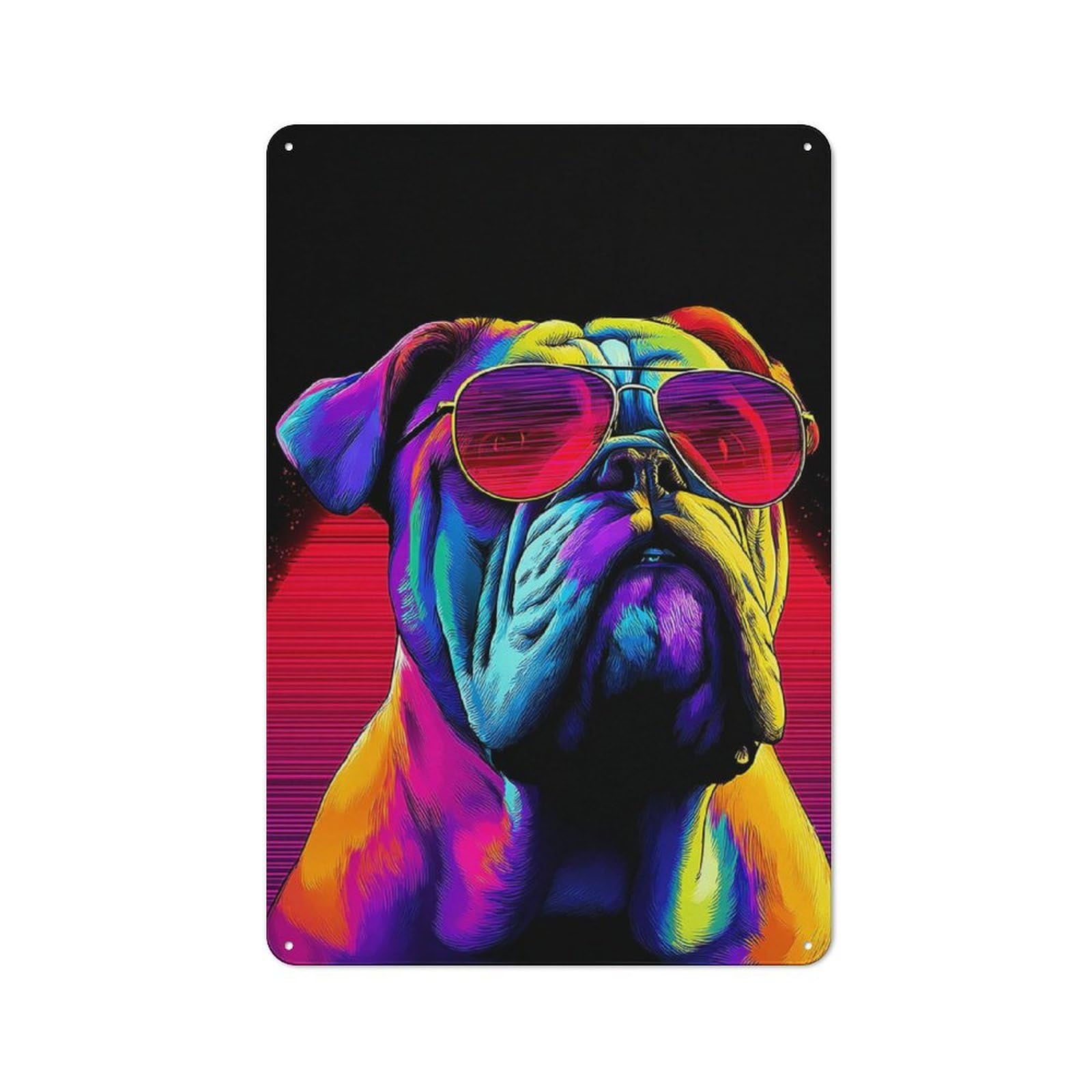 Vibrant Bulldog in Sunglasses Art Print Modern Retro Metal Wall Decor 30x20cm, Metal Wall Sign for Loft, Studio, Office Or Creative Room
